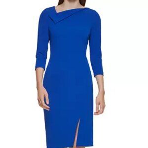 Calvin Klein 3/4 Sleeve Foldover-Neck Front-Slit Solid Sheath Dress. Size 6 NWT!